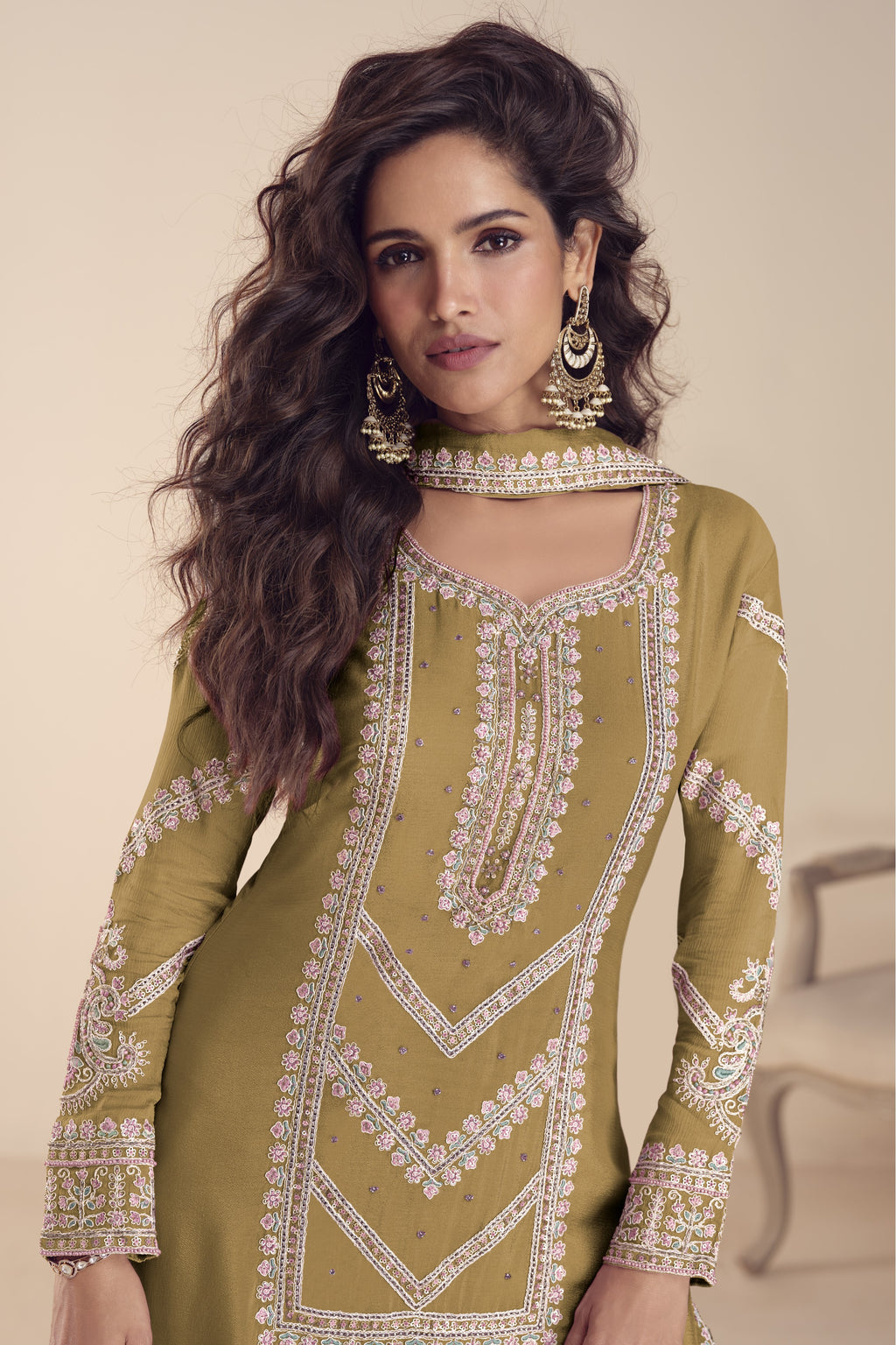 Indian Wedding Dresses Dark Mustard Chinon Silk Palazzo Suit with Moti Thread Embroidery