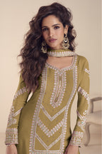 Indian Wedding Dresses Dark Mustard Chinon Silk Palazzo Suit with Moti Thread Embroidery