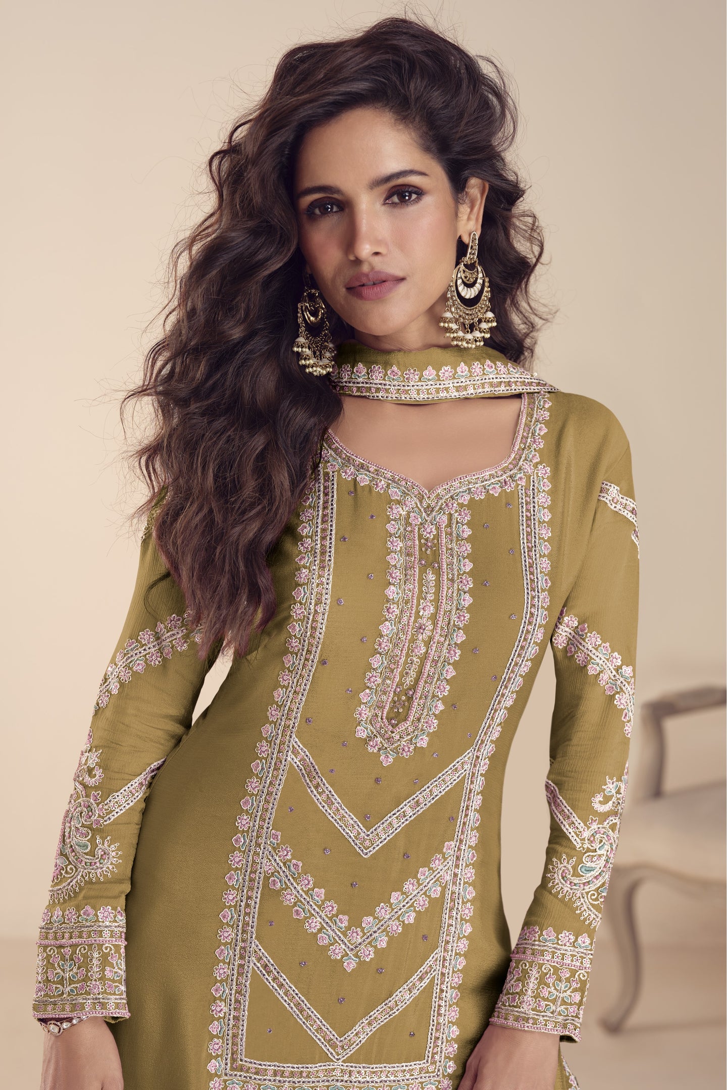 Indian Wedding Dresses Dark Mustard Chinon Silk Palazzo Suit with Moti Thread Embroidery