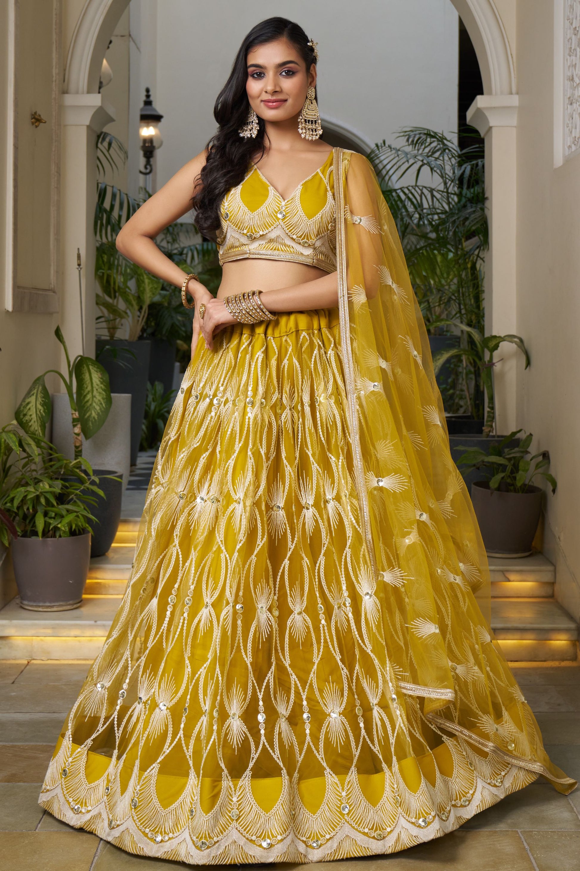 Mustard Net Embroidered Lehenga Choli For Indian Festival & Weddings - Embroidery Work