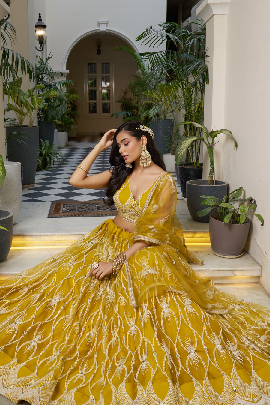 Mustard Net Embroidered Lehenga Choli For Indian Festival & Weddings - Embroidery Work 42 Mustard Net Embroidered Lehenga Choli For Indian Festival & Weddings - Embroidery Work 42