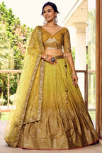 Mustard Yellow Chinon Silk Double Tone Partywear Lehenga Choli with Sequins Embroidery