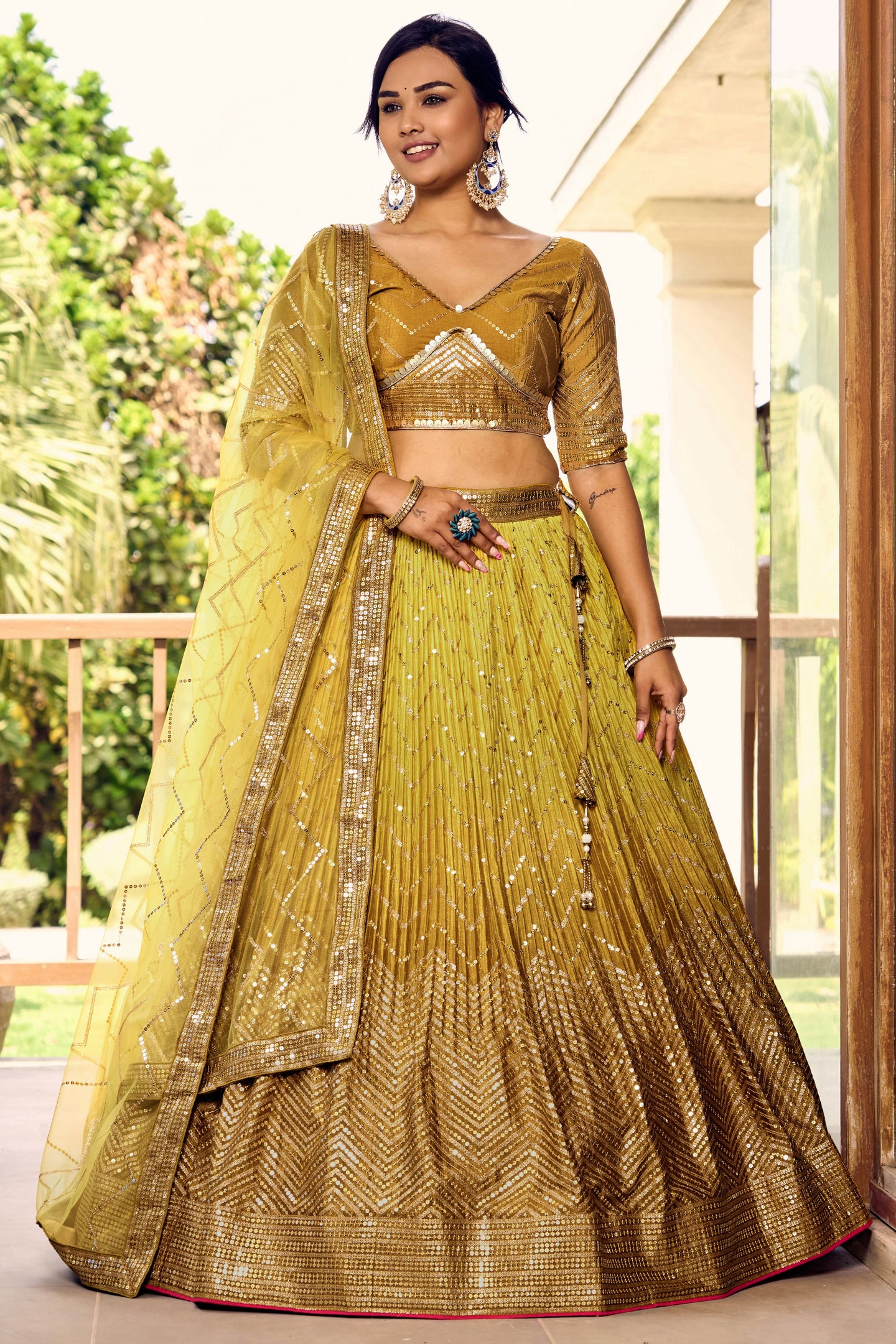 Mustard Yellow Chinon Silk Double Tone Partywear Lehenga Choli with Sequins Embroidery