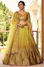 Mustard Yellow Chinon Silk Double Tone Partywear Lehenga Choli with Sequins Embroidery