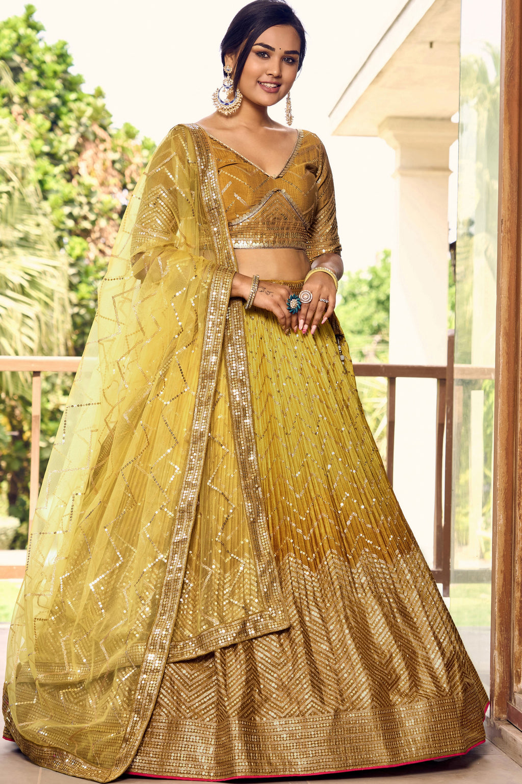 Yellow Chinon Silk Double Tone Partywear Lehenga Choli with Sequins Embroidery