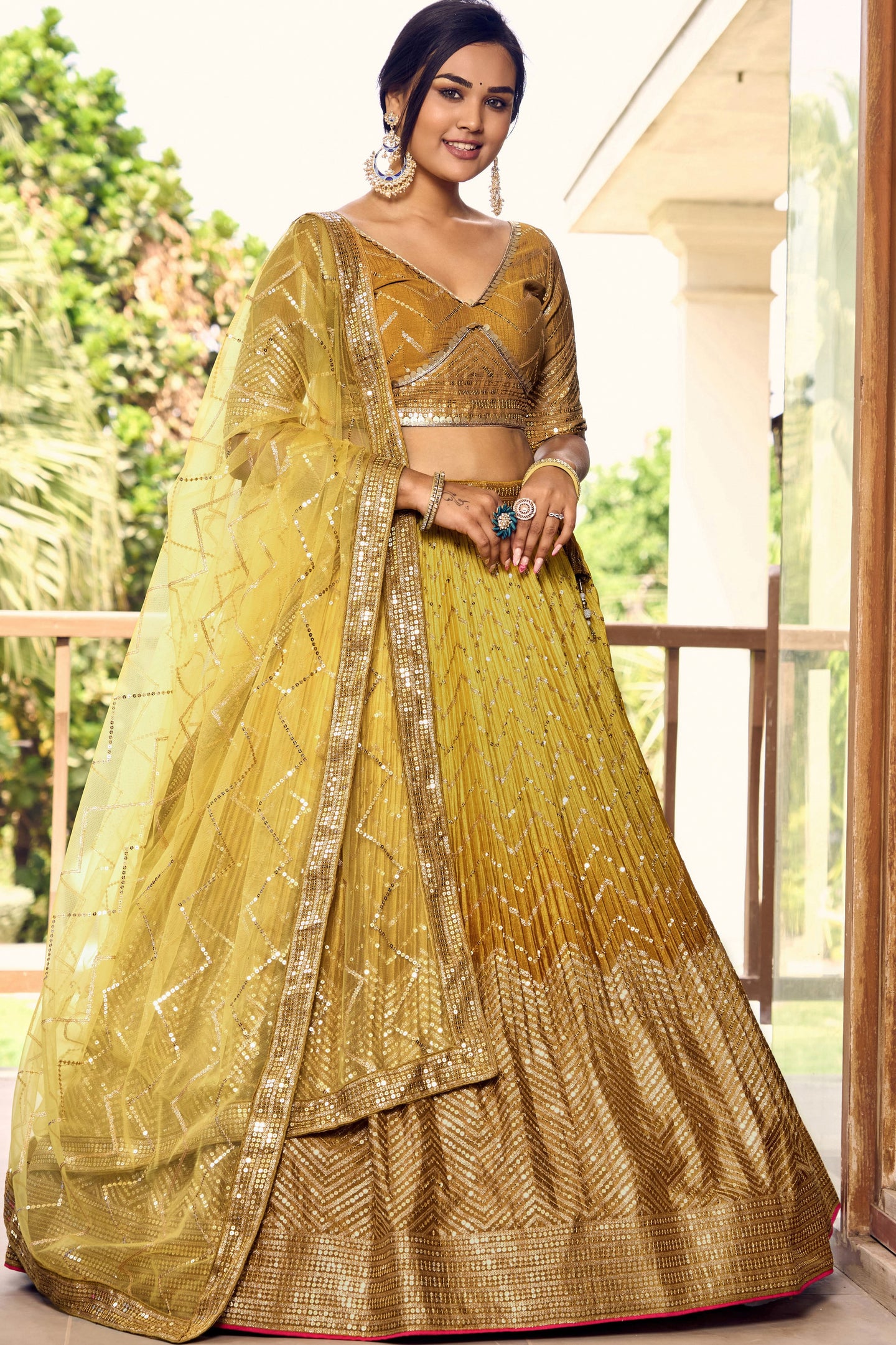 Yellow Chinon Silk Double Tone Partywear Lehenga Choli with Sequins Embroidery