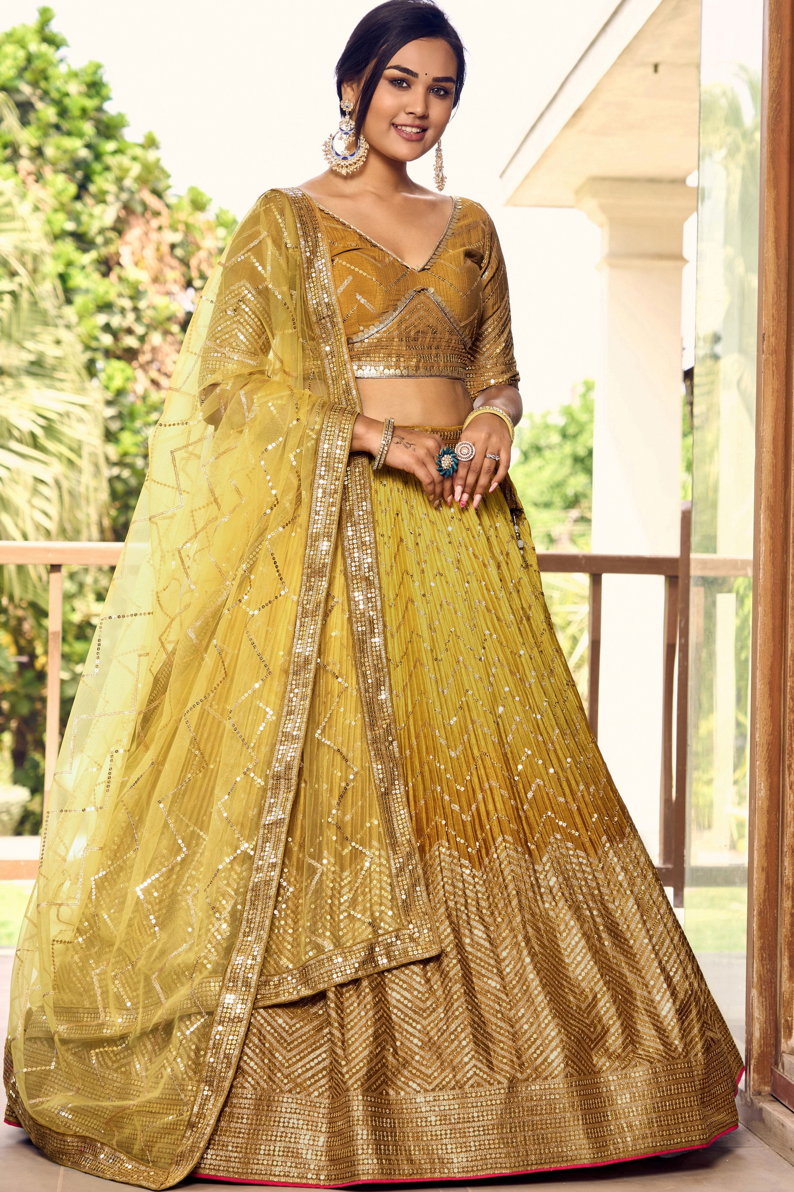 Yellow Chinon Silk Double Tone Partywear Lehenga Choli with Sequins Embroidery
