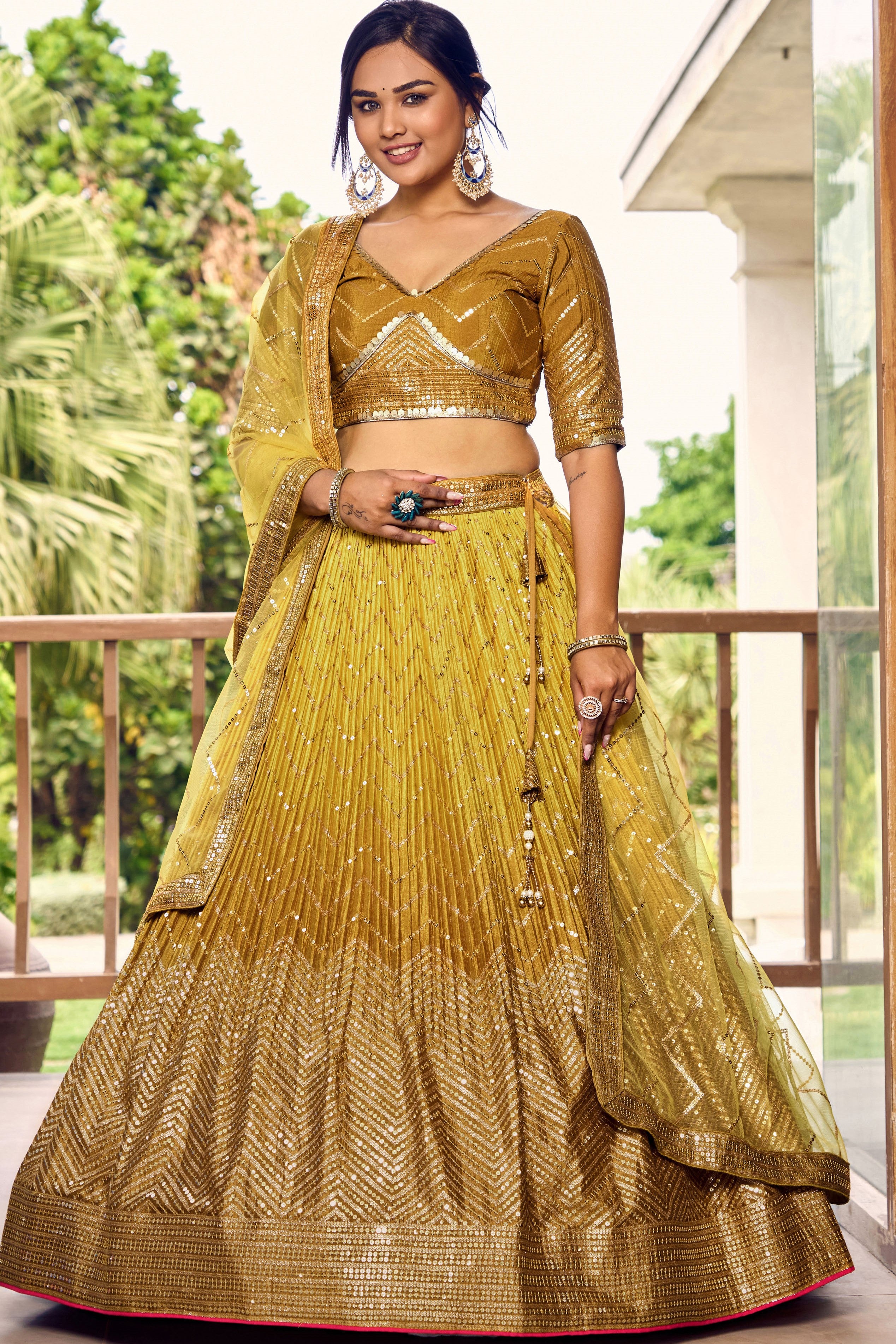 Yellow Chinon Silk Double Tone Partywear Lehenga Choli with Sequins Embroidery