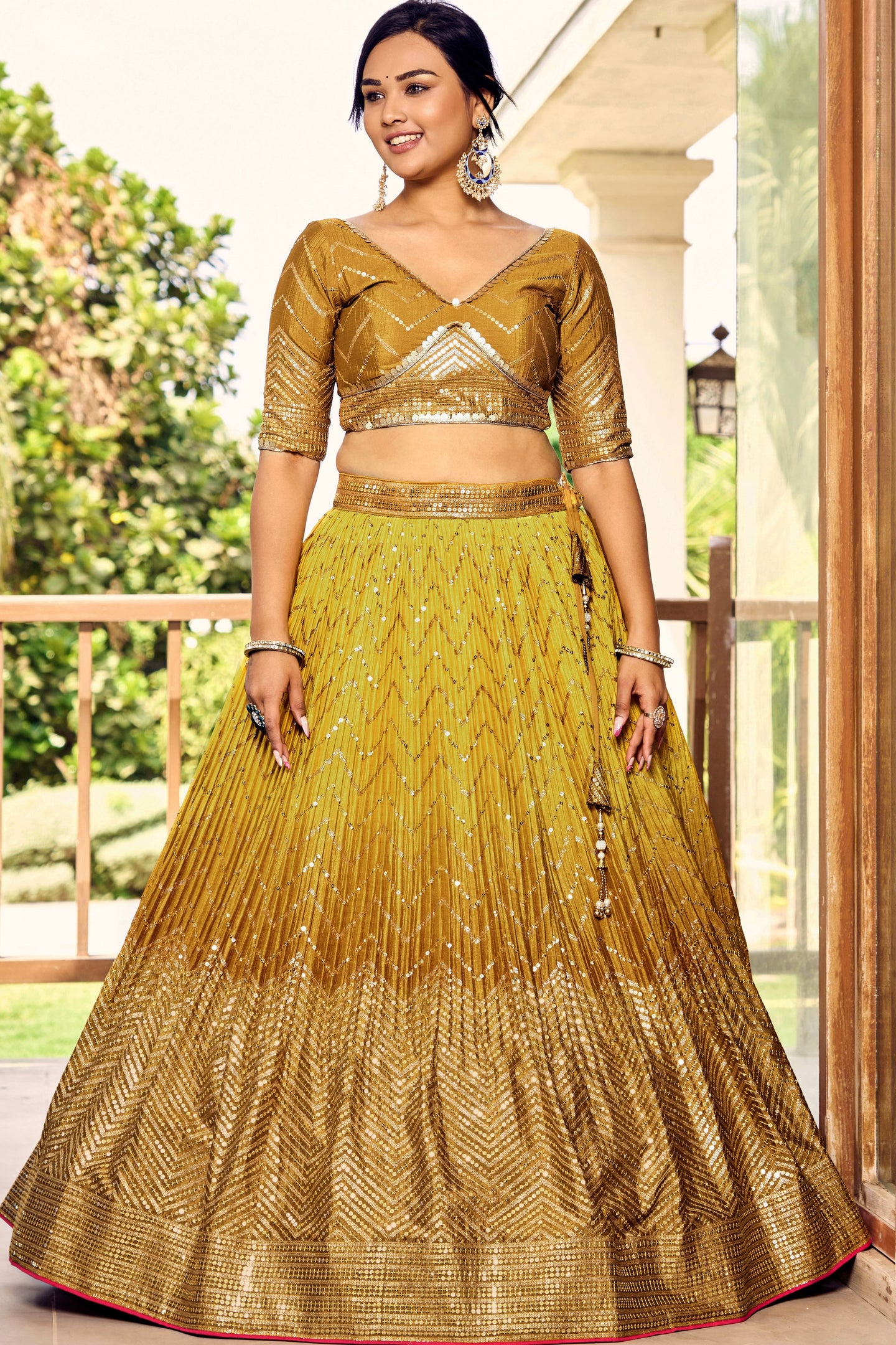 Yellow Chinon Silk Double Tone Partywear Lehenga Choli with Sequins Embroidery