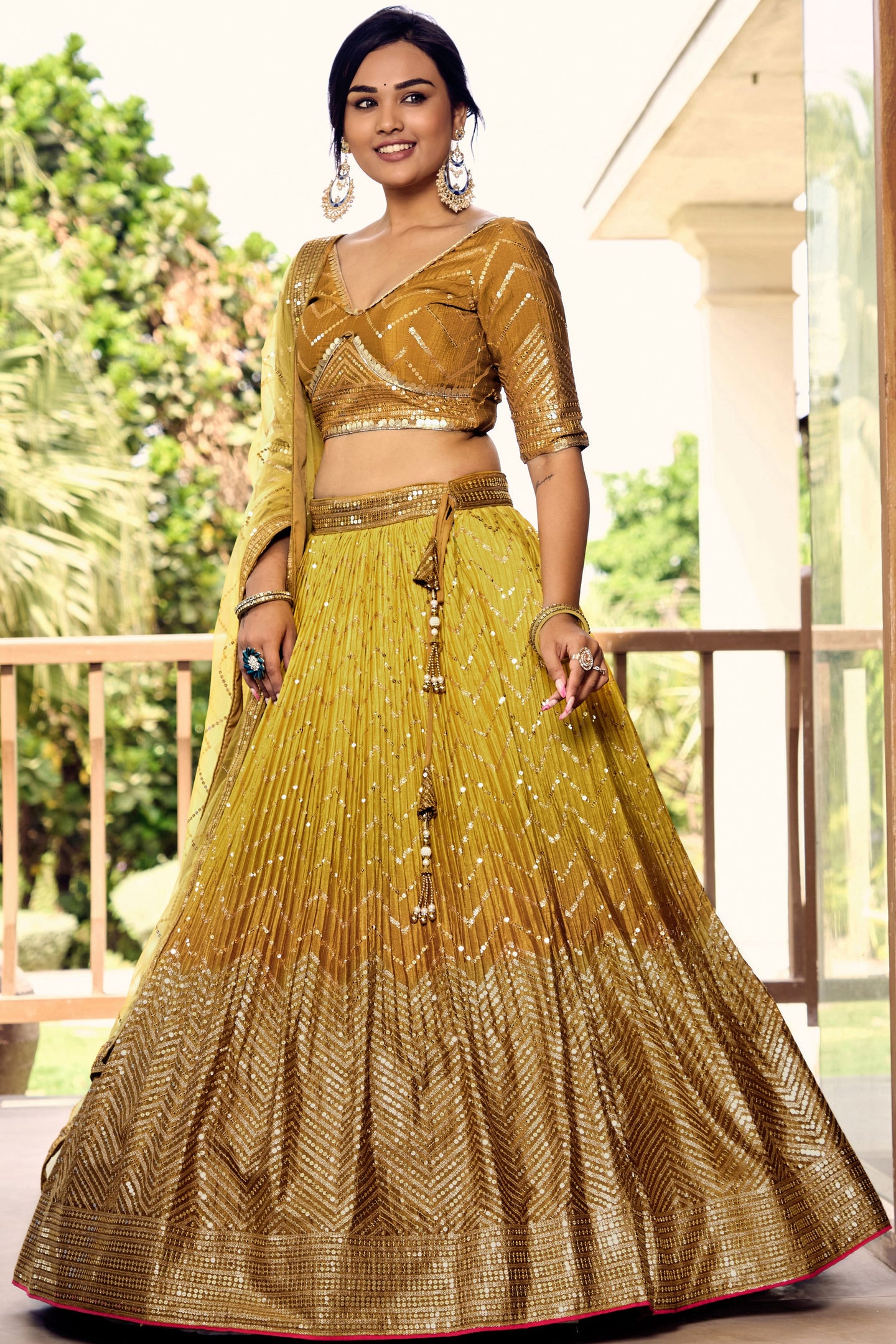 Yellow Chinon Silk Double Tone Partywear Lehenga Choli with Sequins Embroidery