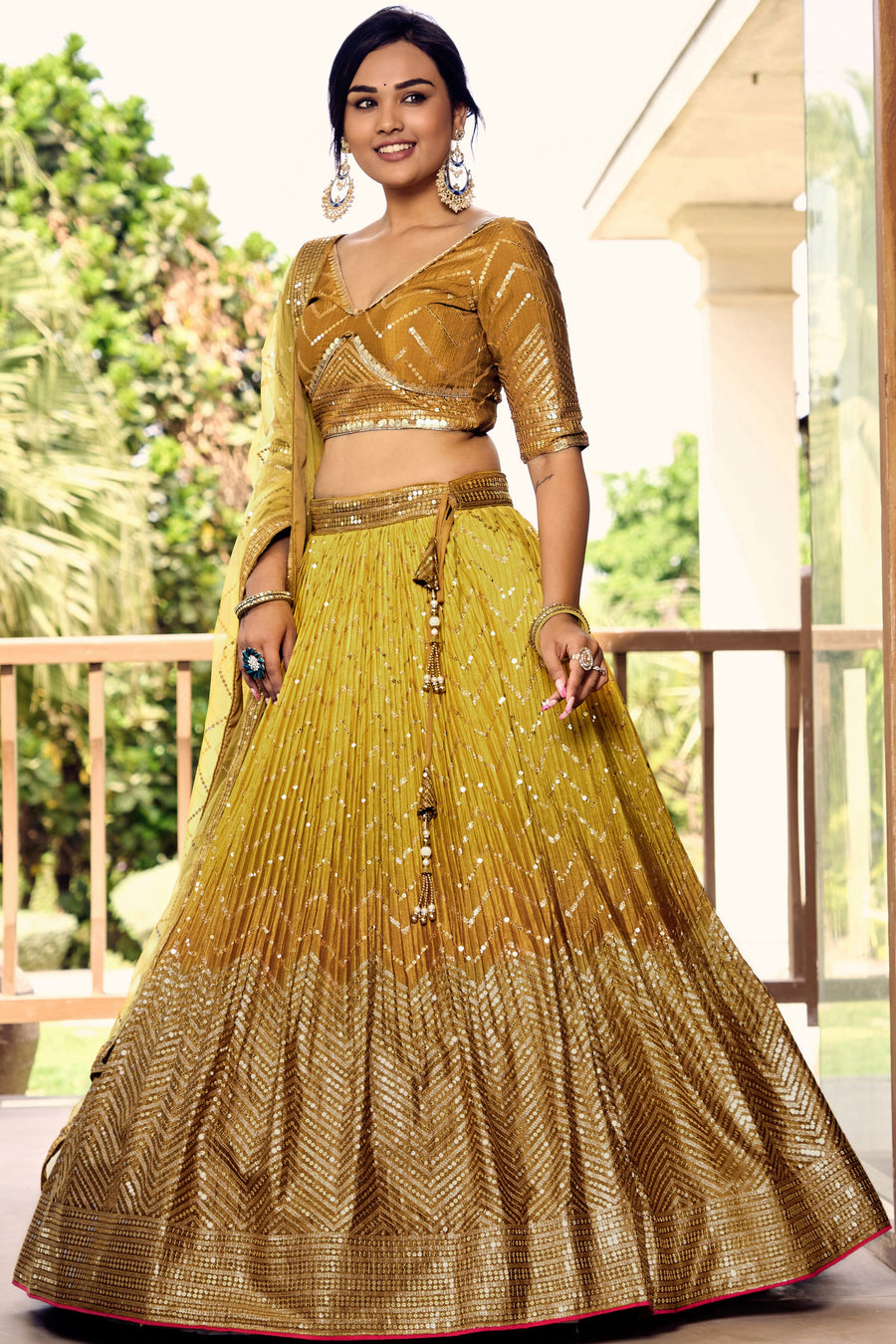 Yellow Chinon Silk Double Tone Partywear Lehenga Choli with Sequins Embroidery