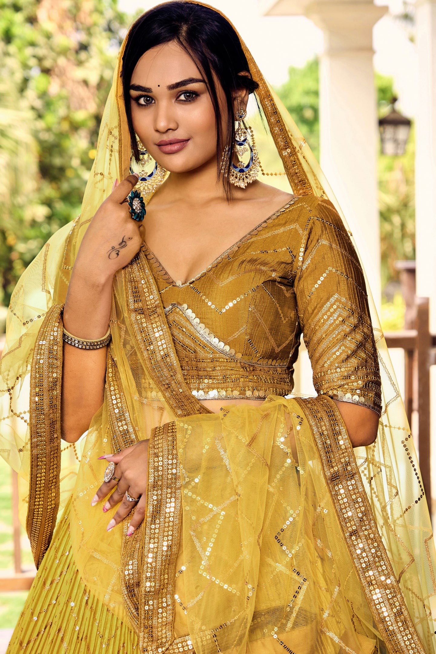 Yellow Chinon Silk Double Tone Partywear Lehenga Choli with Sequins Embroidery