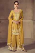 Mustard Yellow Chinon Silk Palazzo Suit For Indian & Pakistani Wedding Festival - Thread & Sequence Embroidery Work, Print Work
