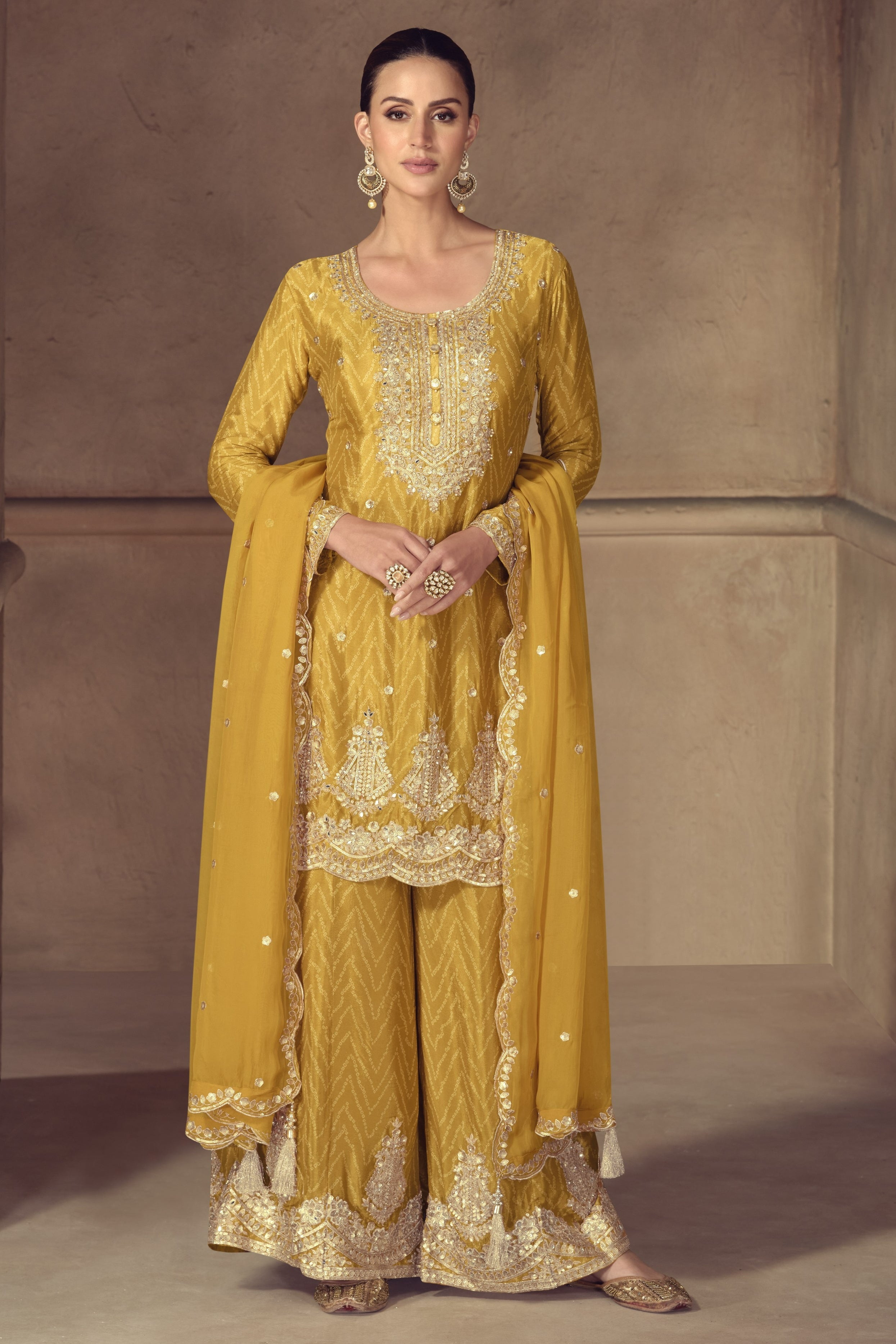 Mustard Yellow Chinon Silk Palazzo Suit For Indian & Pakistani Wedding Festival - Thread & Sequence Embroidery Work, Print Work