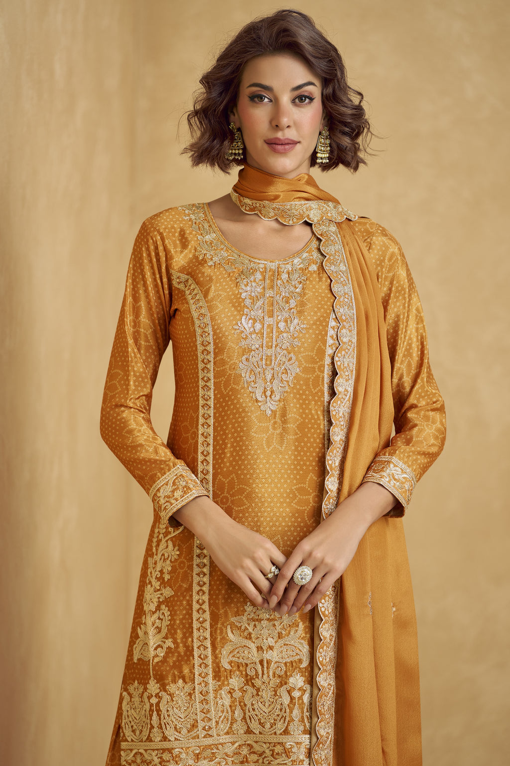 Mustard Yellow Chinon Silk Palazzo Suit For Indian Wedding & Pakistani Festival - Embroidery Work