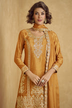 Mustard Yellow Chinon Silk Palazzo Suit For Indian Wedding & Pakistani Festival - Embroidery Work