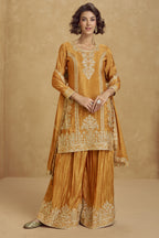 Mustard Yellow Chinon Silk Palazzo Suit For Indian Wedding & Pakistani Festival - Embroidery Work