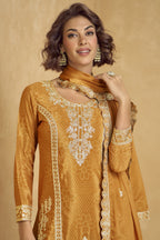 Mustard Yellow Chinon Silk Palazzo Suit For Indian Wedding & Pakistani Festival - Embroidery Work