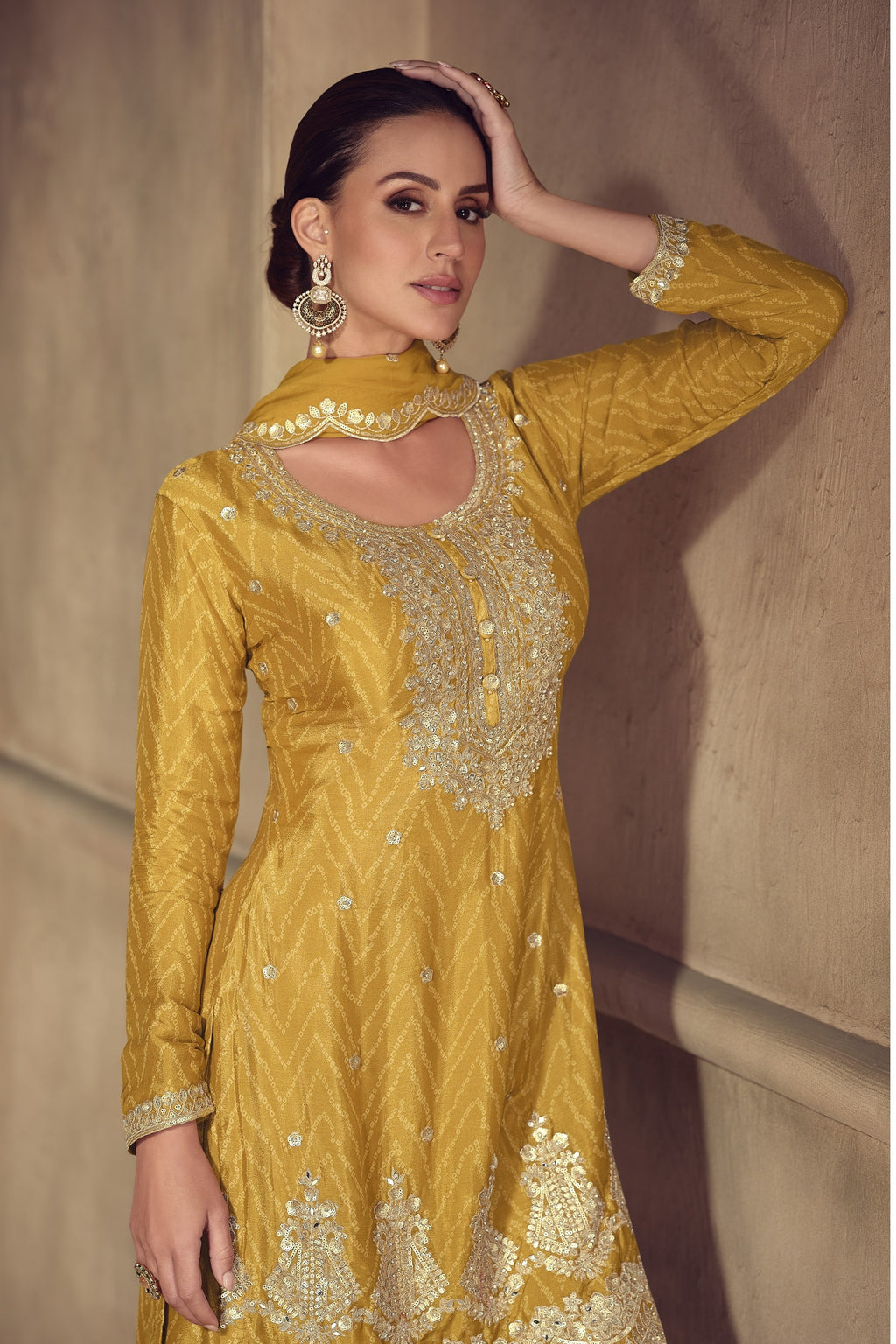 Mustard Yellow Chinon Silk Palazzo Suit For Indian & Pakistani Wedding Festival - Thread & Sequence Embroidery Work, Print Work