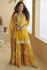 Mustard Yellow Chinon Silk Sharara Suit For Haldi Indian & Pakistani Wedding - Thread & Sequins Embroidery Work, Print Work