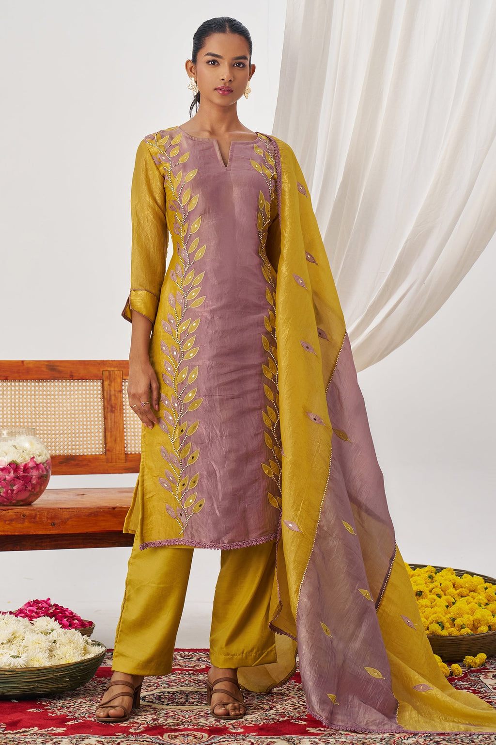 Mustard Yellow Crush Silk Kameez With Pant For Indian & Pakistani Wedding Festival - Embroidery Work, Mirror Work