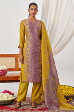 Mustard Yellow Crush Silk Kameez With Pant For Indian & Pakistani Wedding Festival - Embroidery Work, Mirror Work
