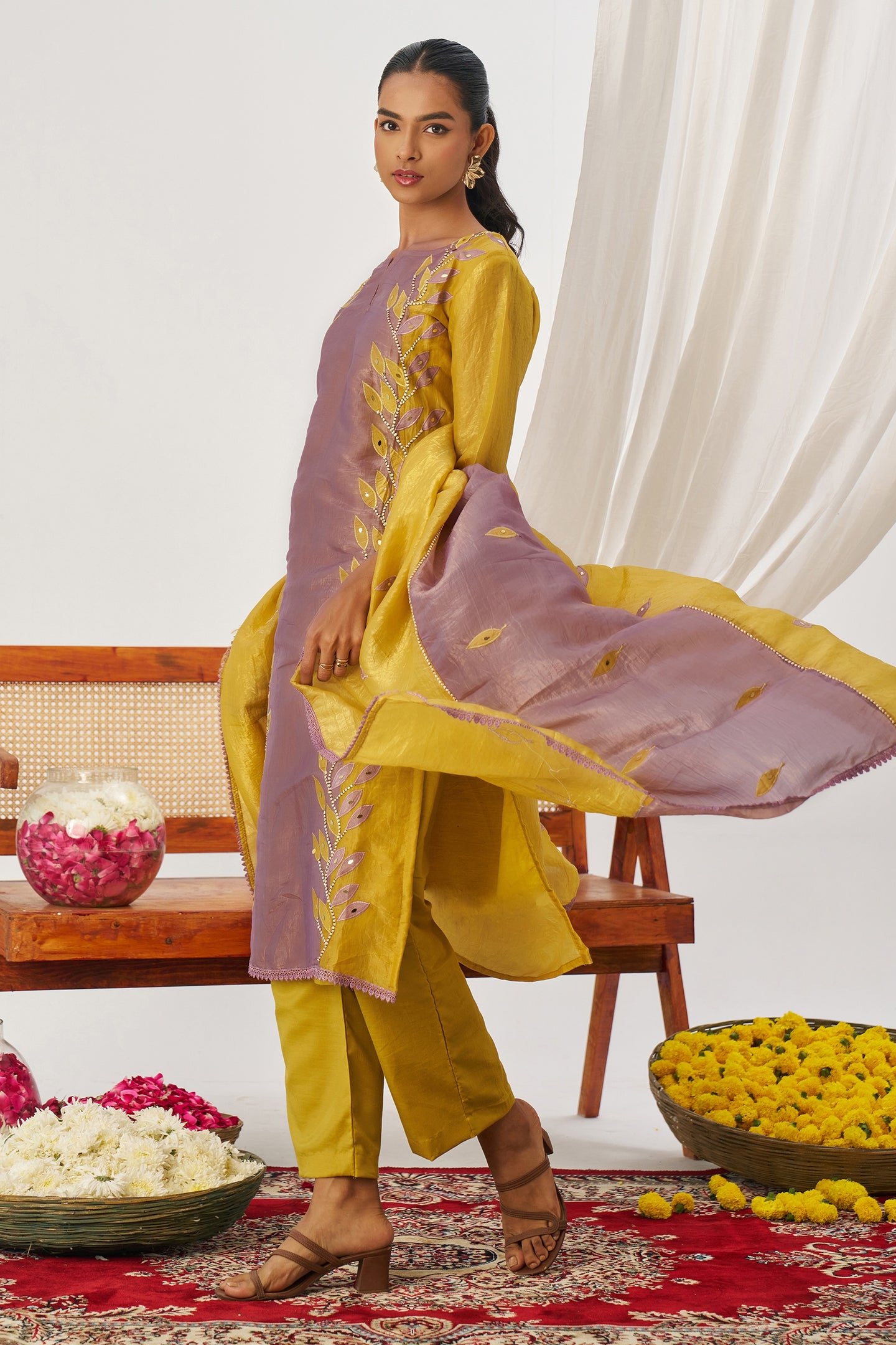 Mustard Yellow Crush Silk Kameez With Pant For Indian & Pakistani Wedding Festival - Embroidery Work, Mirror Work