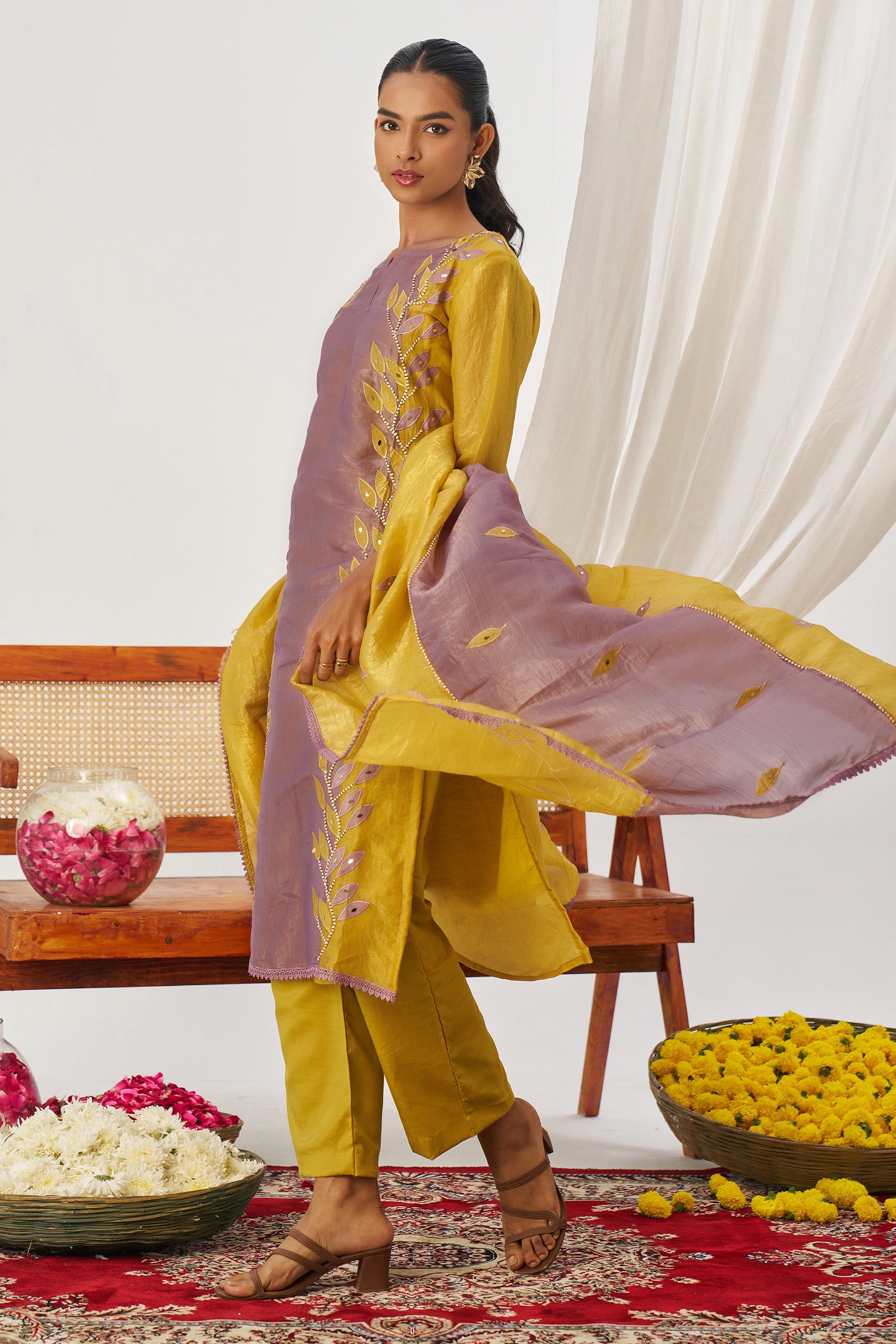 Mustard Yellow Crush Silk Kameez With Pant For Indian & Pakistani Wedding Festival - Embroidery Work, Mirror Work