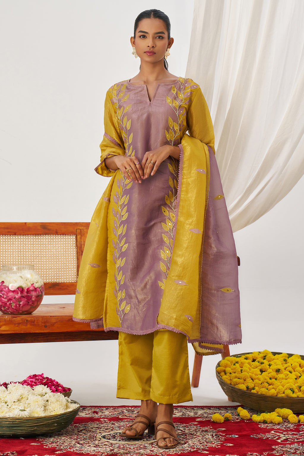 Mustard Yellow Crush Silk Kameez With Pant For Indian & Pakistani Wedding Festival - Embroidery Work, Mirror Work