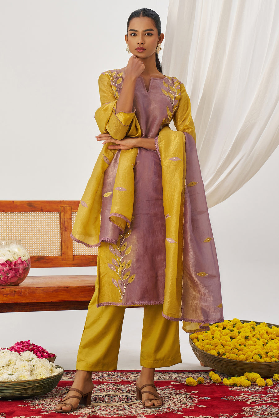 Mustard Yellow Crush Silk Kameez With Pant For Indian & Pakistani Wedding Festival - Embroidery Work, Mirror Work