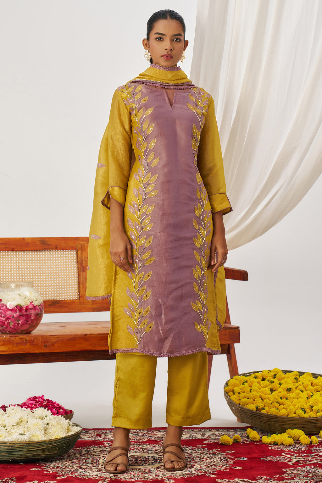 Mustard Yellow Crush Silk Kameez With Pant For Indian & Pakistani Wedding Festival - Embroidery Work, Mirror Work