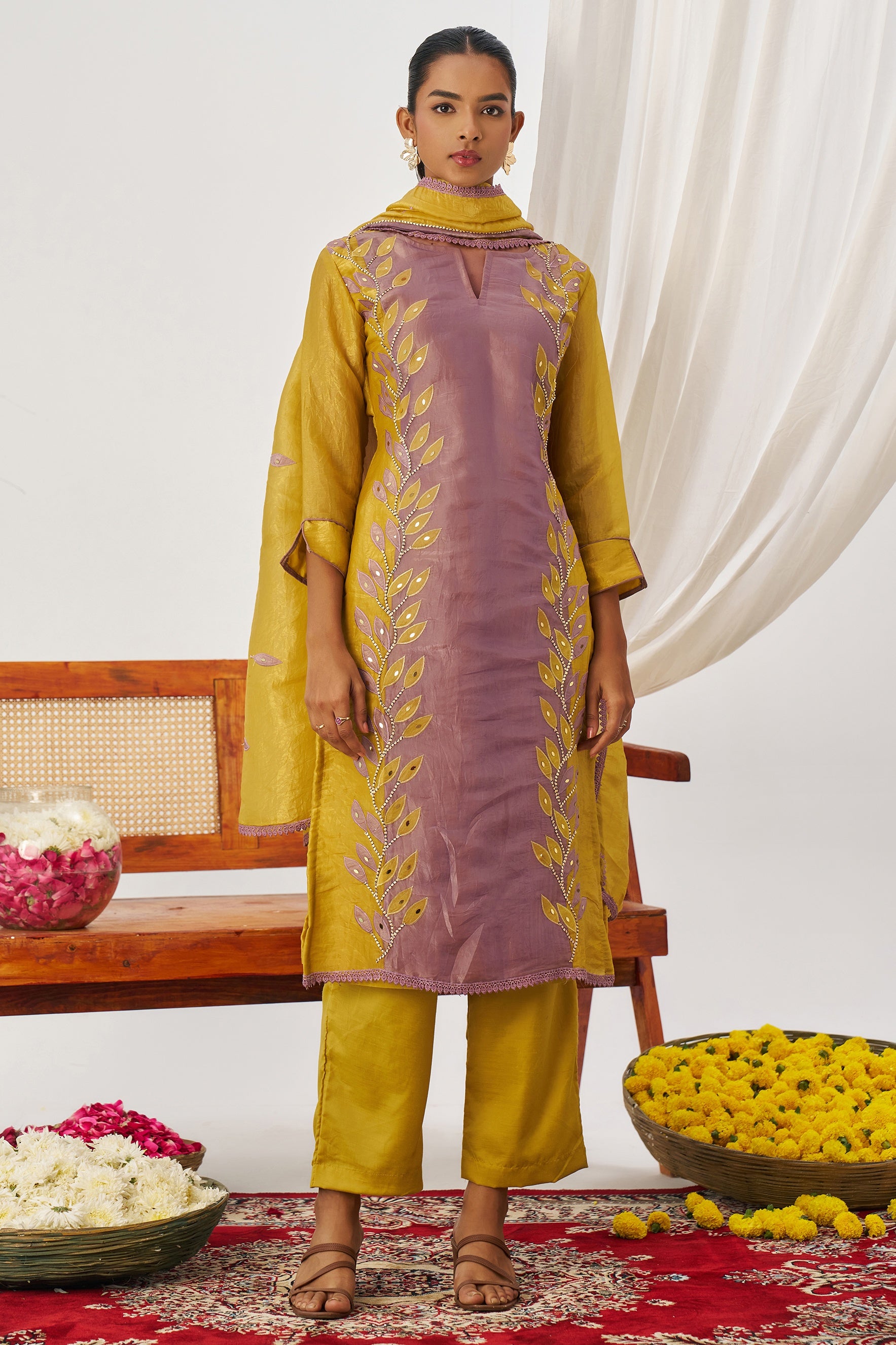 Mustard Yellow Crush Silk Kameez With Pant For Indian & Pakistani Wedding Festival - Embroidery Work, Mirror Work