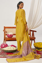 Mustard Yellow Crush Silk Kameez With Pant For Indian & Pakistani Wedding Festival - Embroidery Work, Mirror Work
