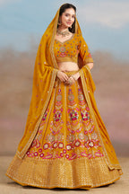 Mustard Yellow Georgette Lehenga Choli For Indian & Pakistani Wedding Festival - Zari Work, Resham Embroidery Work, Sequence Embroidery Work, Dori Work