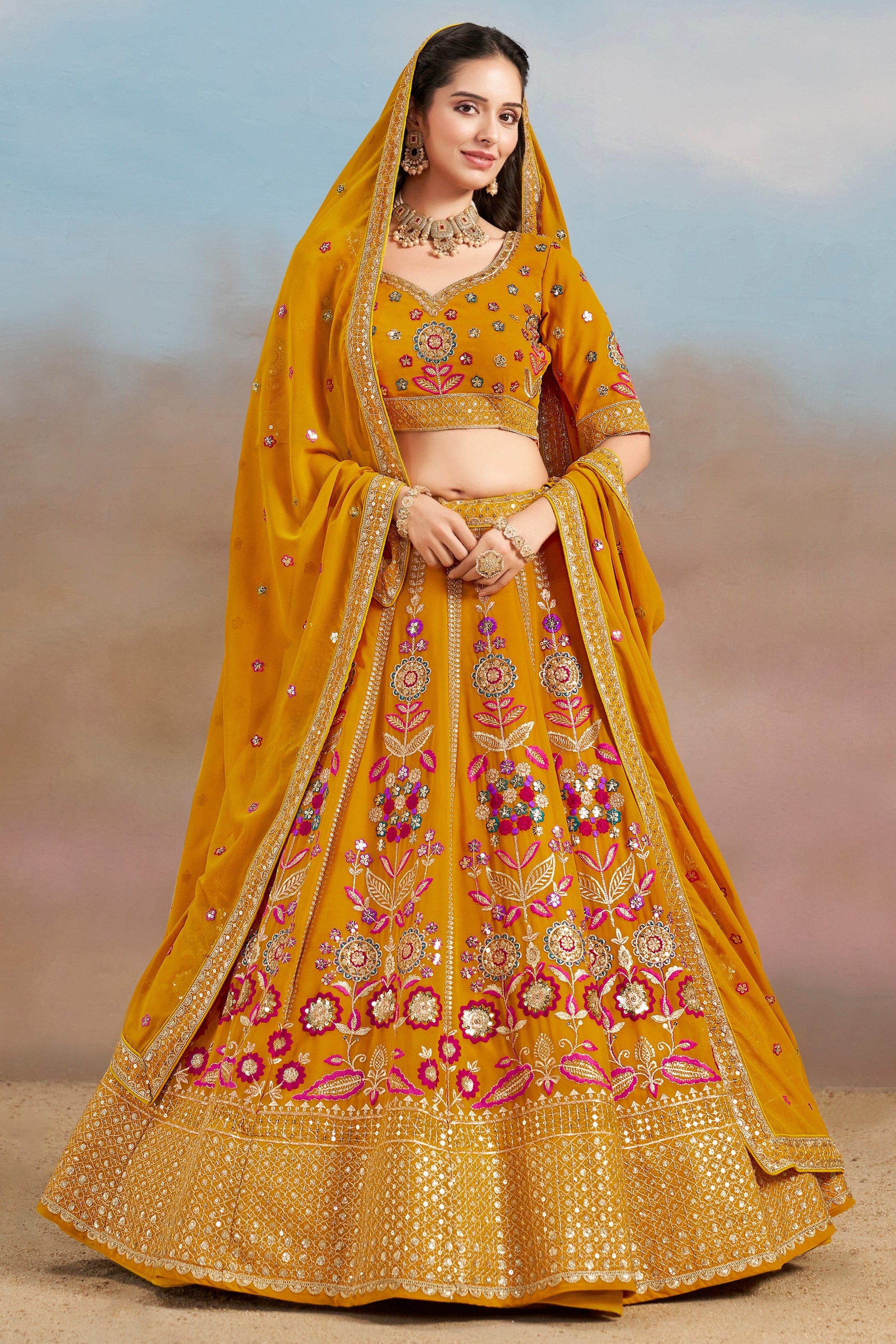 Mustard Yellow Georgette Lehenga Choli For Indian & Pakistani Wedding Festival - Zari Work, Resham Embroidery Work, Sequence Embroidery Work, Dori Work