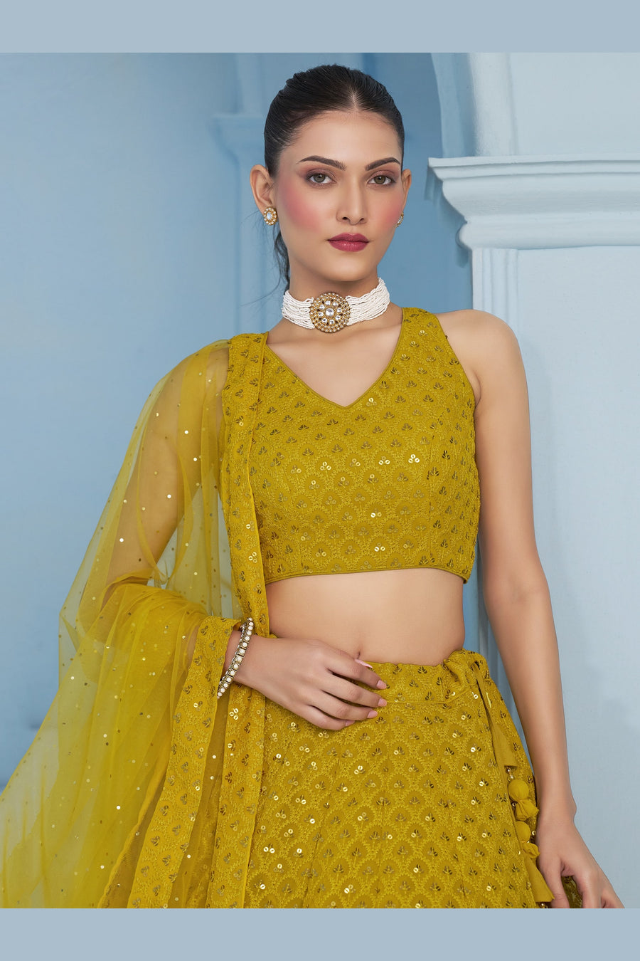Mustard Yellow Georgette Lehenga Choli For Indian & Pakistani Wedding Festival - Sequins & Thread Embroidery Work