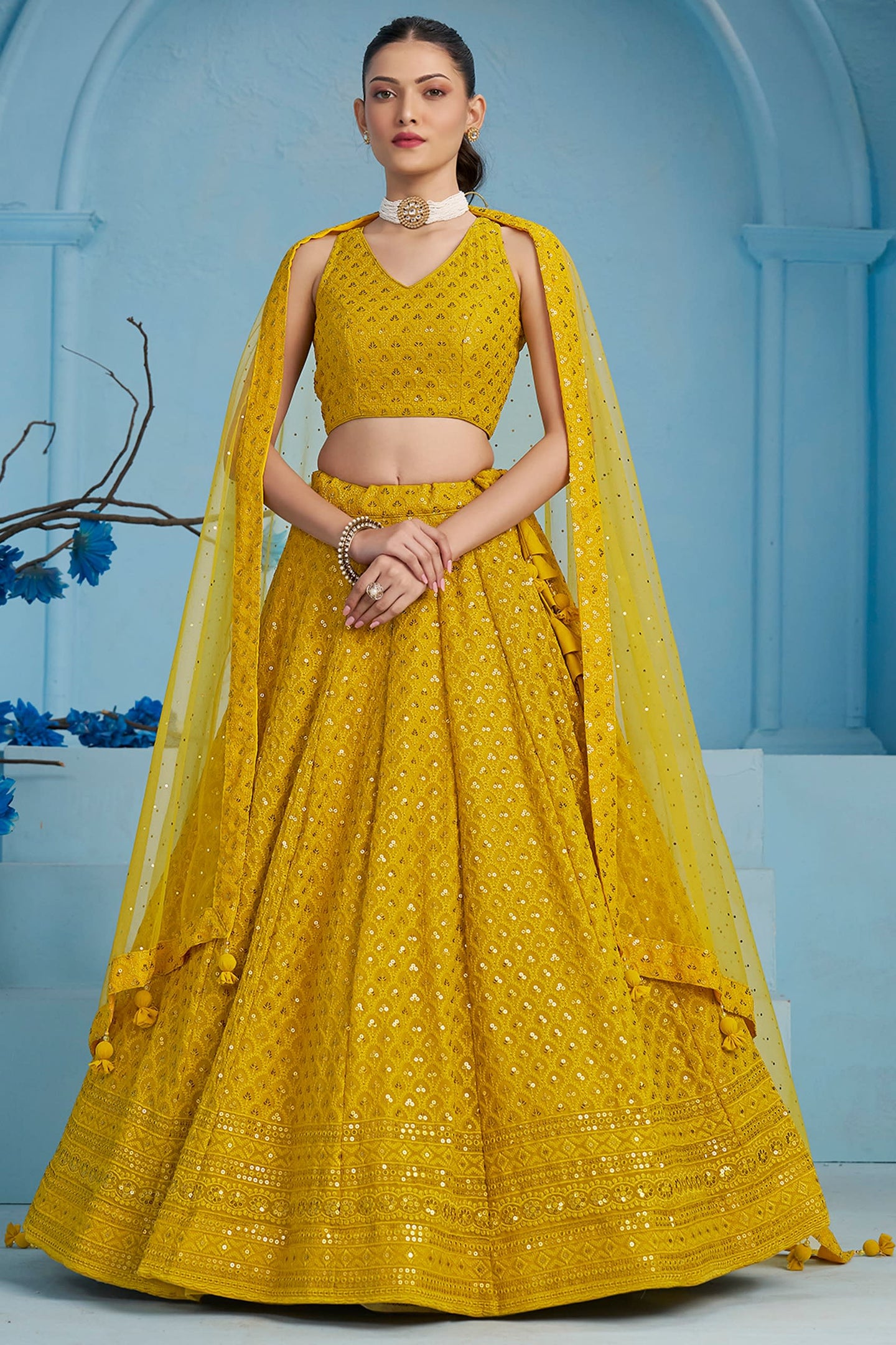 Mustard Yellow Georgette Lehenga Choli For Indian & Pakistani Wedding Festival - Sequins & Thread Embroidery Work