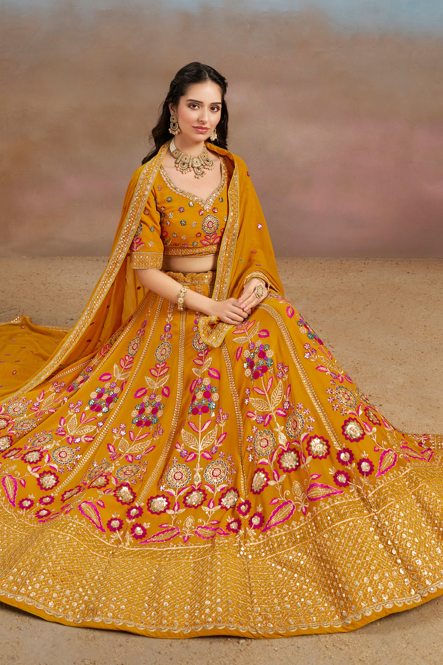 Mustard Yellow Georgette Lehenga Choli For Indian & Pakistani Wedding Festival - Zari Work, Resham Embroidery Work, Sequence Embroidery Work, Dori Work