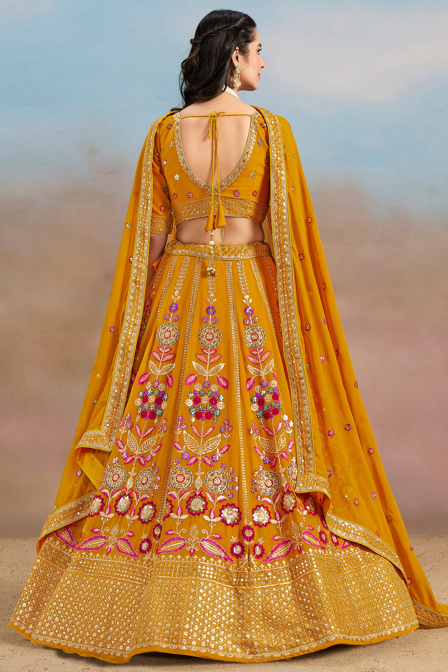 Mustard Yellow Georgette Lehenga Choli For Indian & Pakistani Wedding Festival - Zari Work, Resham Embroidery Work, Sequence Embroidery Work, Dori Work