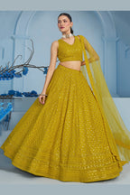 Mustard Yellow Georgette Lehenga Choli For Indian & Pakistani Wedding Festival - Sequins & Thread Embroidery Work