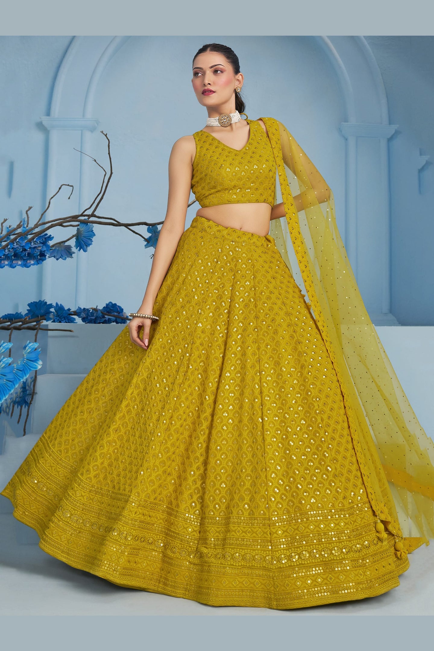 Mustard Yellow Georgette Lehenga Choli For Indian & Pakistani Wedding Festival - Sequins & Thread Embroidery Work