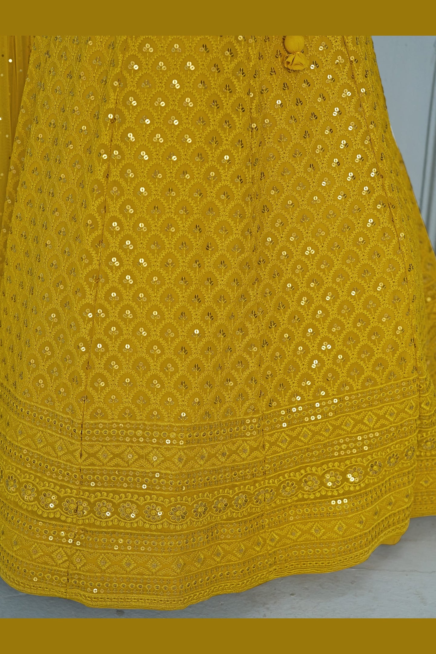 Mustard Yellow Georgette Lehenga Choli For Indian & Pakistani Wedding Festival - Sequins & Thread Embroidery Work
