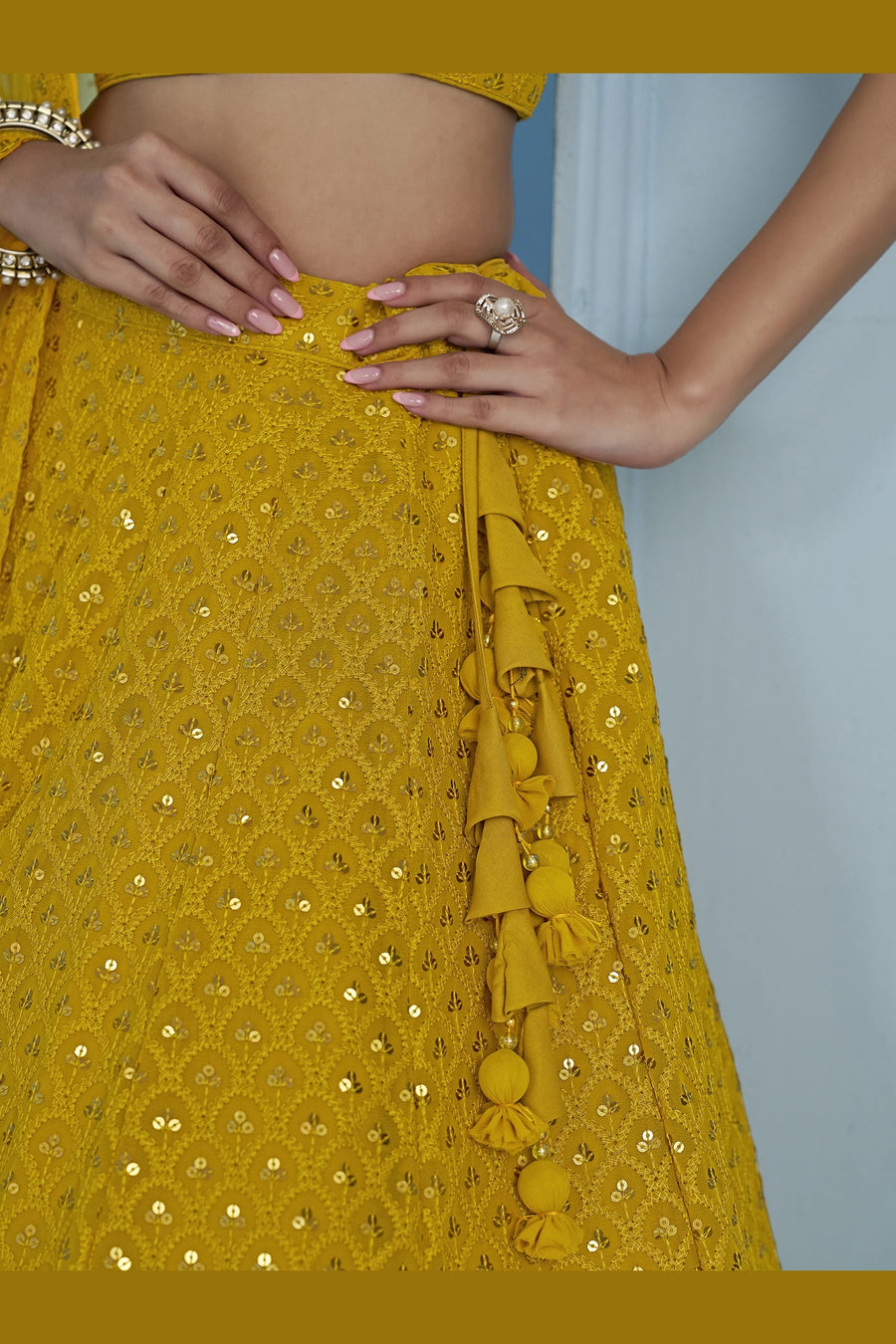 Mustard Yellow Georgette Lehenga Choli For Indian & Pakistani Wedding Festival - Sequins & Thread Embroidery Work