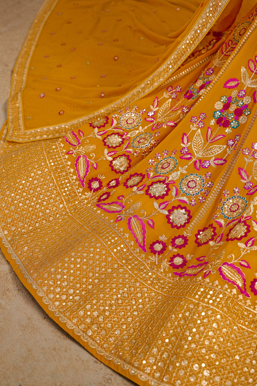 Mustard Yellow Georgette Lehenga Choli For Indian & Pakistani Wedding Festival - Zari Work, Resham Embroidery Work, Sequence Embroidery Work, Dori Work
