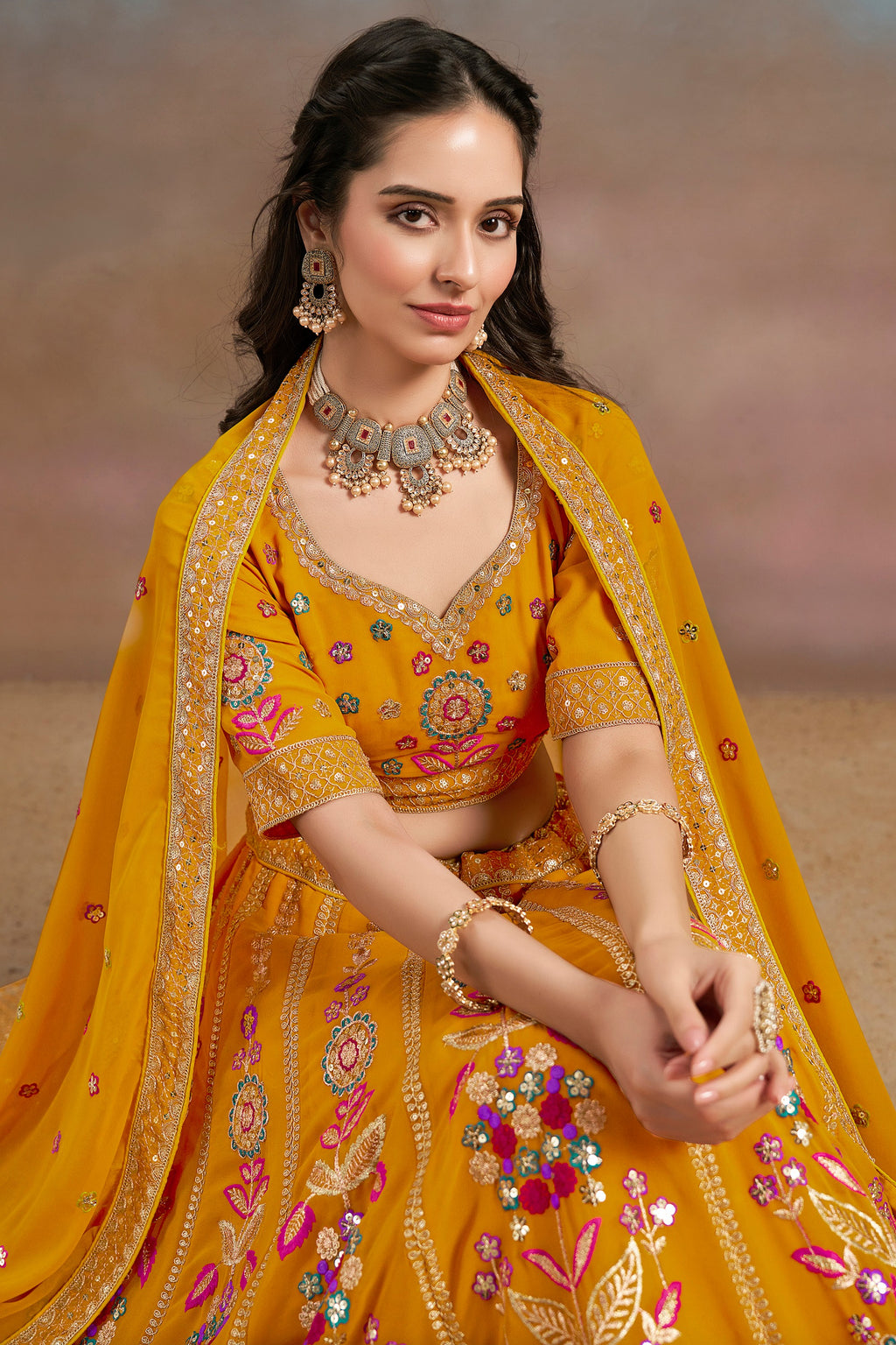 Mustard Yellow Georgette Lehenga Choli For Indian & Pakistani Wedding Festival - Zari Work, Resham Embroidery Work, Sequence Embroidery Work, Dori Work
