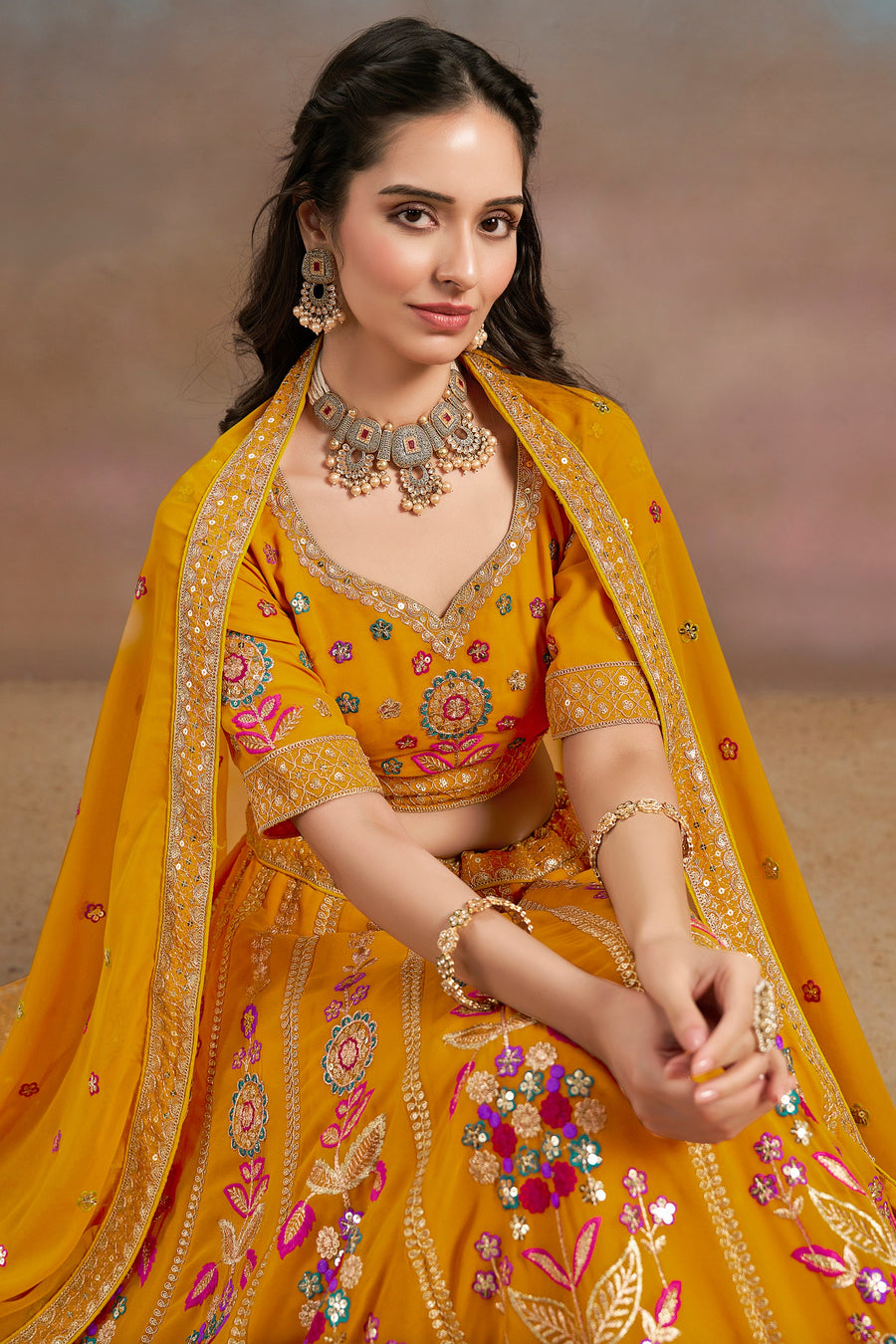 Mustard Yellow Georgette Lehenga Choli For Indian & Pakistani Wedding Festival - Zari Work, Resham Embroidery Work, Sequence Embroidery Work, Dori Work