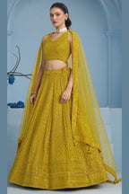 Mustard Yellow Georgette Lehenga Choli For Indian & Pakistani Wedding Festival - Sequins & Thread Embroidery Work