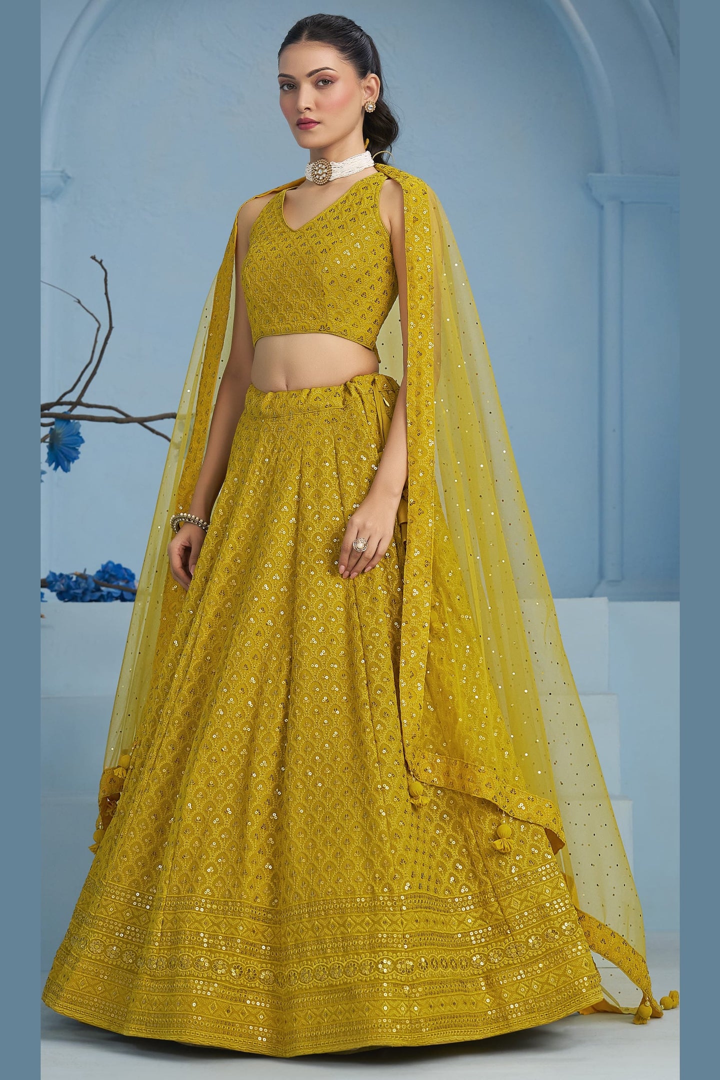 Mustard Yellow Georgette Lehenga Choli For Indian & Pakistani Wedding Festival - Sequins & Thread Embroidery Work