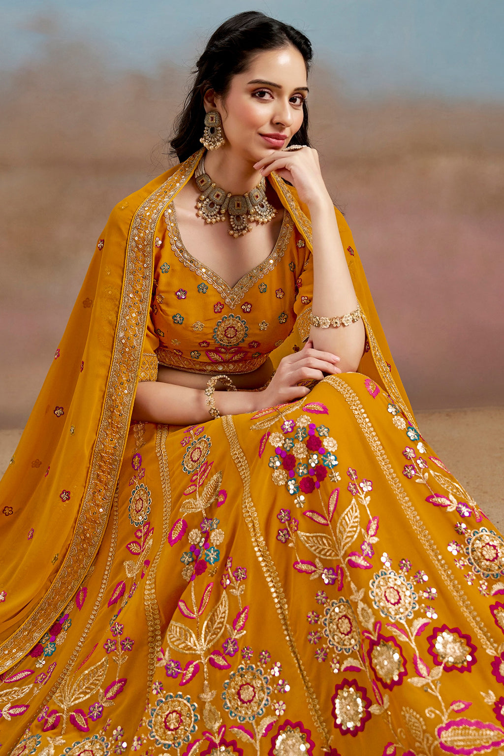 Mustard Yellow Georgette Lehenga Choli For Indian & Pakistani Wedding Festival - Zari Work, Resham Embroidery Work, Sequence Embroidery Work, Dori Work