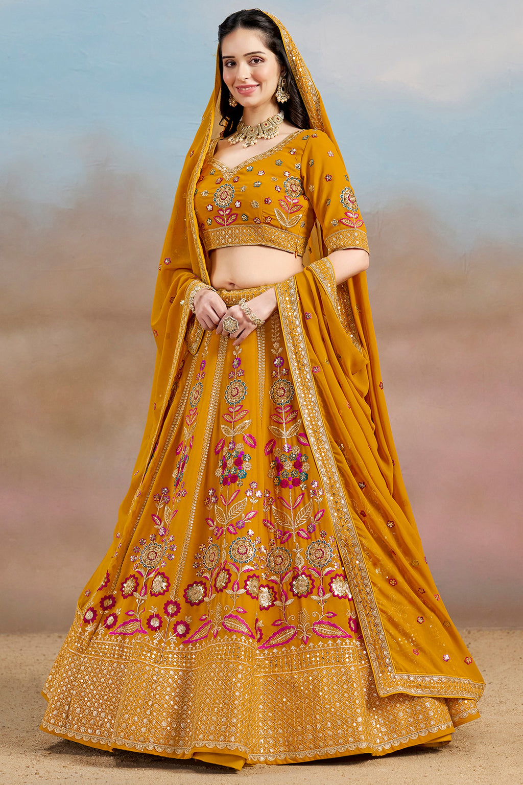 Mustard Yellow Georgette Lehenga Choli For Indian & Pakistani Wedding Festival - Zari Work, Resham Embroidery Work, Sequence Embroidery Work, Dori Work